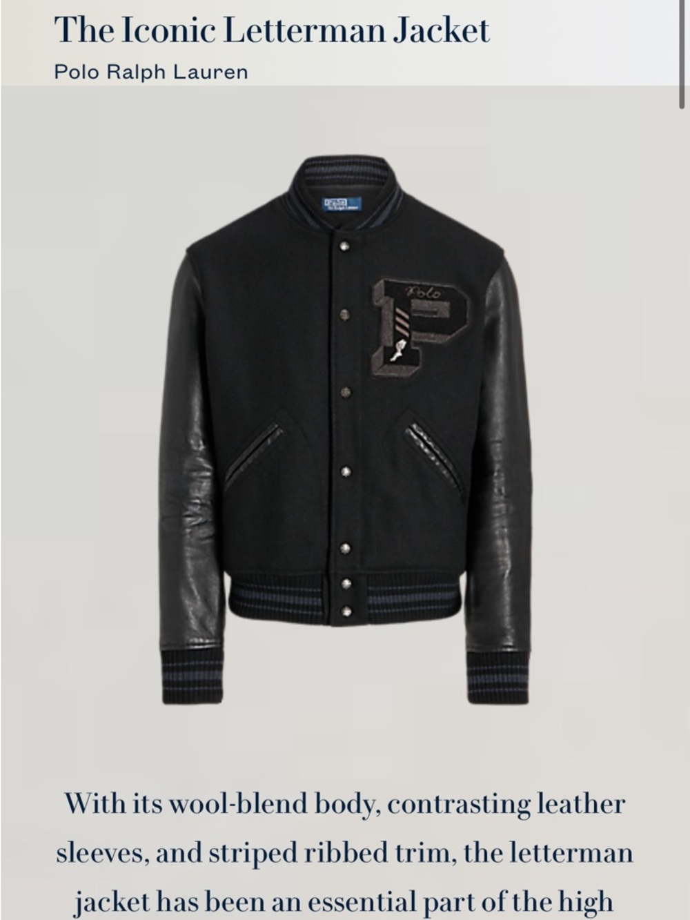 Polo by Ralph Lauren Black Wool and Leather Varsity Jacket - Picture 4 of 6